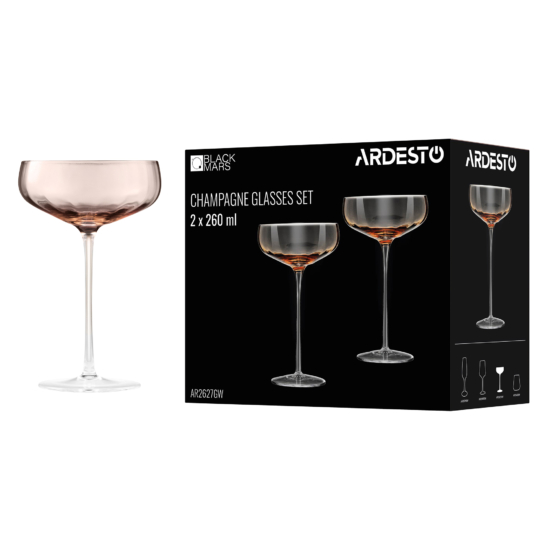 Набір келихів для шампанського ARDESTO Black Mars Altair 260мл, 2шт, скло, золотистий
