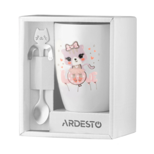 Ardesto Mug with spoon Love, 320ml, new bone china, stainless steel, white