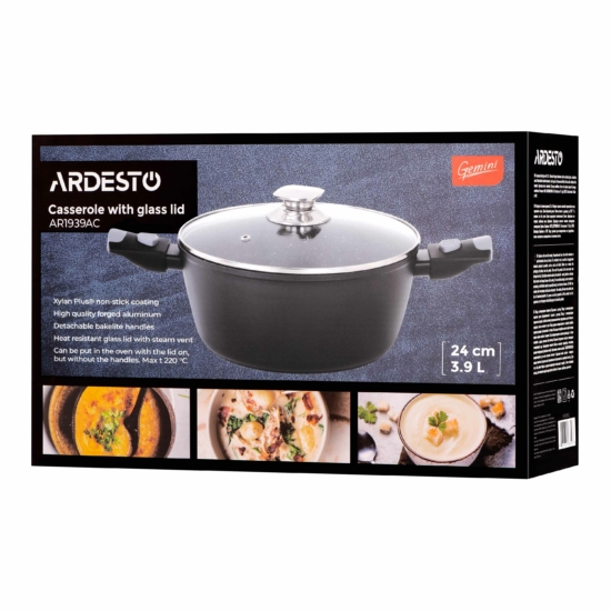 Кастрюля со стеклянной крышкой ARDESTO Gemini Bari, 3.9л, алюминий, черный