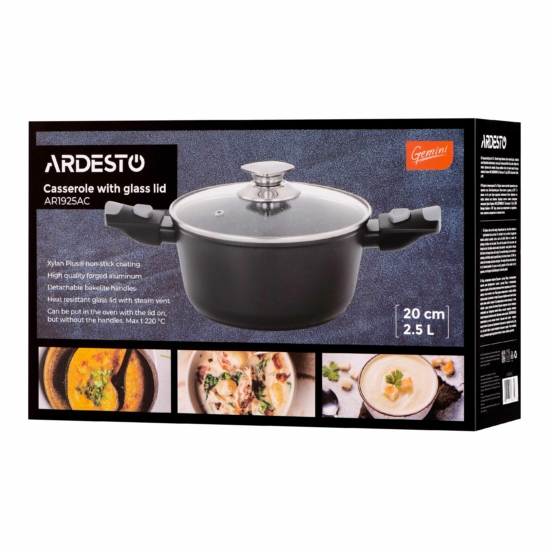 Каструля зі скляною кришкою ARDESTO Gemini Bari, 2.5л, алюміній, чорний