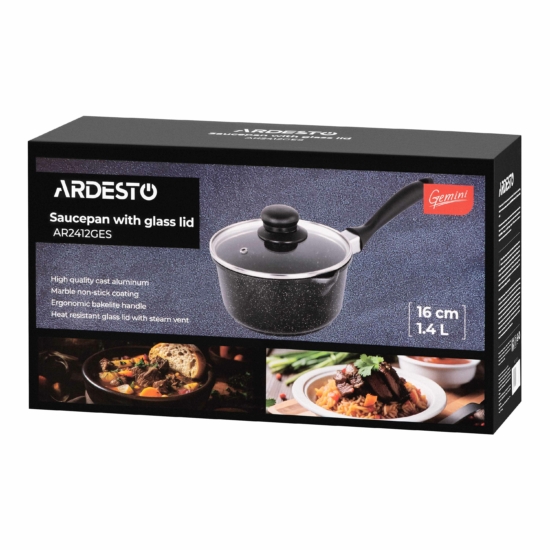 Ківш зі скляною кришкою ARDESTO Gemini Anzio, 1.2л, алюміній, чорний