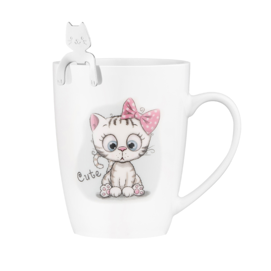 Чашка с ложкой ARDESTO Cute, 320мл, фарфор, нержавеющая сталь, белый