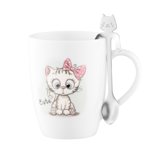 Чашка с ложкой ARDESTO Cute, 320мл, фарфор, нержавеющая сталь, белый