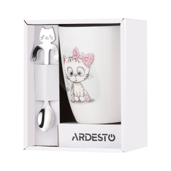 Чашка с ложкой ARDESTO Cute, 320мл, фарфор, нержавеющая сталь, белый