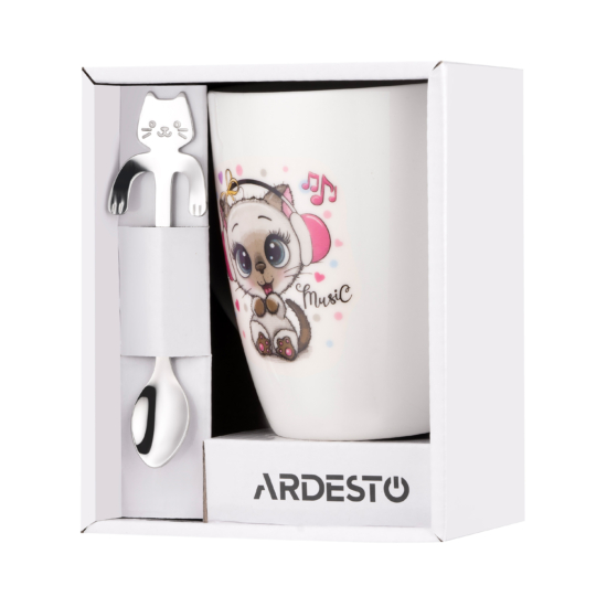 Чашка с ложкой ARDESTO Music, 320мл, фарфор, нержавеющая сталь, белый