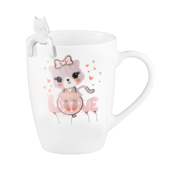 Mug with spoon ARDESTO Love, 320ml, new bone china, stainless steel, white