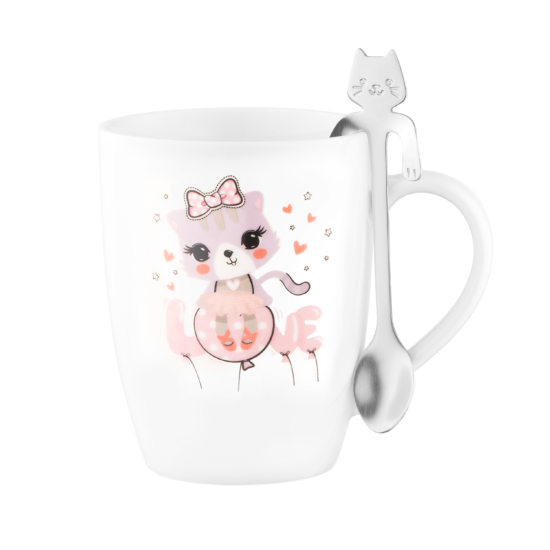 Mug with spoon ARDESTO Love, 320ml, new bone china, stainless steel, white