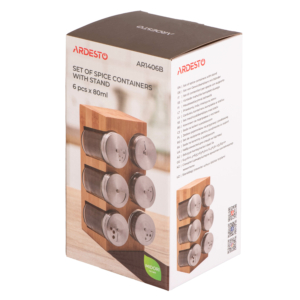 Set of spice containers with stand ARDESTO Midori, 7 pcs, 80ml, 10.7x10x20cm, bamboo, stainless steel, glass, plastic