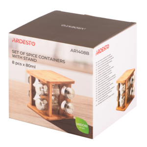 Набір ємностей для спецій на підставці ARDESTO Midori, 9 предметів, 80мл, 19x19x15.5см, бамбук, нержавіюча сталь, скло, пластик