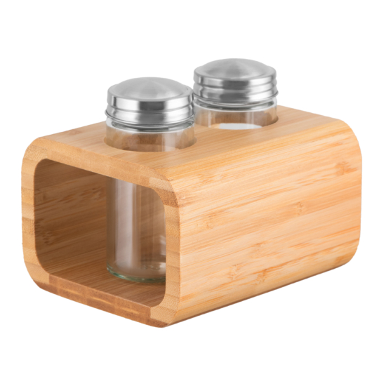 Набір для солі та перцю ARDESTO Midori, 3 предмети, 80мл, 13.5х11х11см, бамбук, нержавіюча сталь, скло, пластик