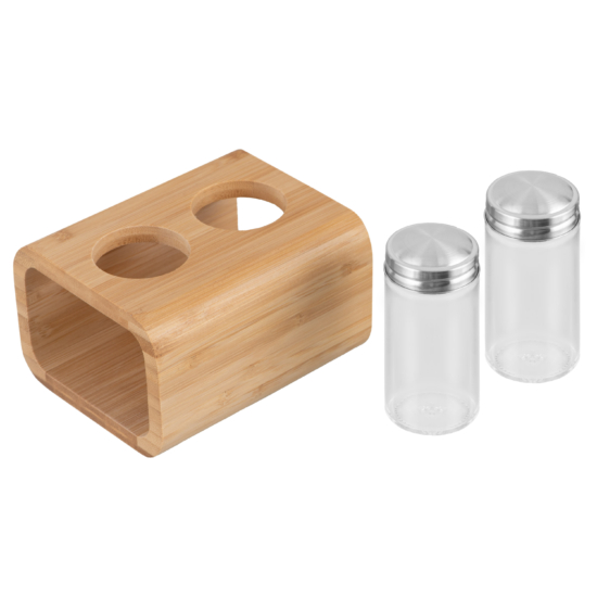 Набір для солі та перцю ARDESTO Midori, 3 предмети, 80мл, 13.5х11х11см, бамбук, нержавіюча сталь, скло, пластик