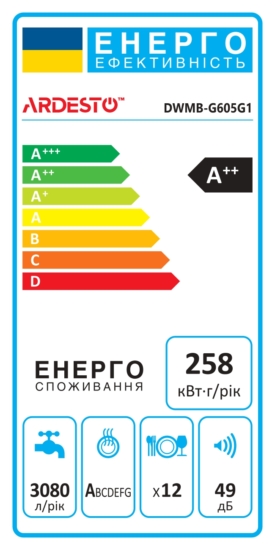 ARDESTO Посудомийна машина ARDESTO вбудовувана, 12компл., А++, 60см, сенсорне кер, дисплей, промінь, 5програм, сірий