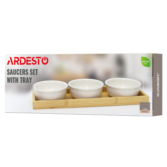 Saucer set with tray ARDESTO Midori, 3pcs, 160ml, new bone china, bamboo