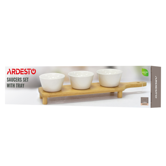 Saucer set with tray ARDESTO Midori, 3pcs, 110ml, new bone china, bamboo