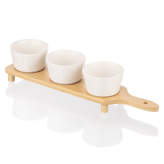 Saucer set with tray ARDESTO Midori, 3pcs, 150ml, new bone china, bamboo