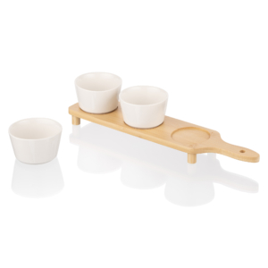 Saucer set with tray ARDESTO Midori, 3pcs, 150ml, new bone china, bamboo