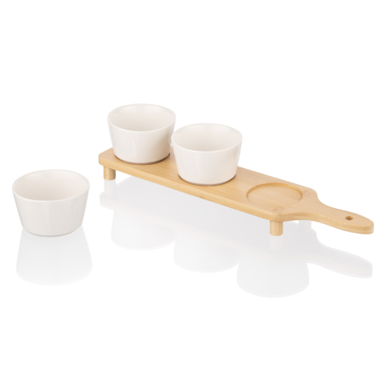 Saucer set with tray ARDESTO Midori, 3pcs, 150ml, new bone china, bamboo