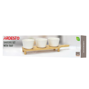 Saucer set with tray ARDESTO Midori, 3pcs, 150ml, new bone china, bamboo