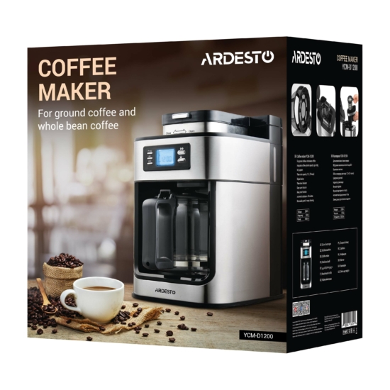 Coffee maker ARDESTO drip Steel Collection 1.2l, ground + beans, display, silver-black