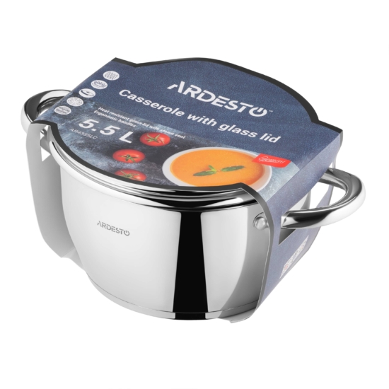 Casserole with glass lid ARDESTO Gemini Lucca, 5.5l, stainless steel