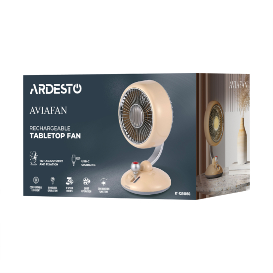 Table fan ARDESTO AviaFan FT-F3600BG desktop, 12cm, rechargeable, backlight, USB-A Type-C, beige
