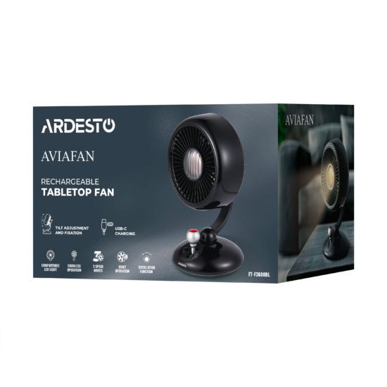 Table fan ARDESTO AviaFan FT-F3600BL desktop, 12cm, rechargeable, backlight, USB-A Type-C, black