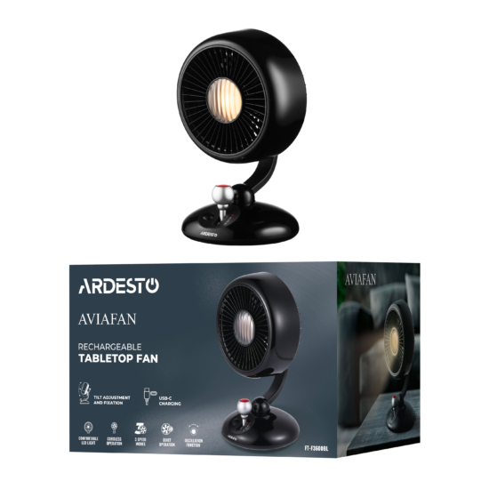 Table fan ARDESTO AviaFan FT-F3600BL desktop, 12cm, rechargeable, backlight, USB-A Type-C, black