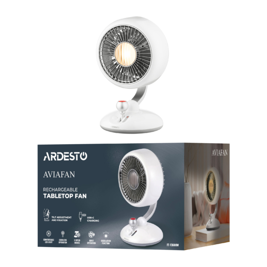 Table fan ARDESTO AviaFan FT-F3600W desktop, 12cm, rechargeable, backlight, USB-A Type-C, white