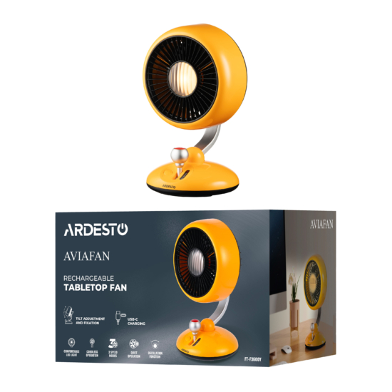 Table fan ARDESTO AviaFan FT-F3600Y desktop, 12cm, rechargeable, backlight, USB-A Type-C, yellow