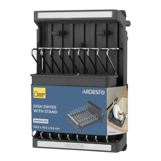Сушилка для посуды с подставкой ARDESTO Minimalism 46.5×19.5×9.5см, пластик, xромированное железо, сталь, серый темный