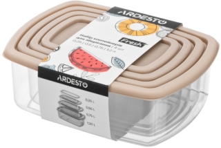 Set of food storage containers ARDESTO Fresh 0.25/0.5/0.75/1.2l, plastic, rectangular, beige
