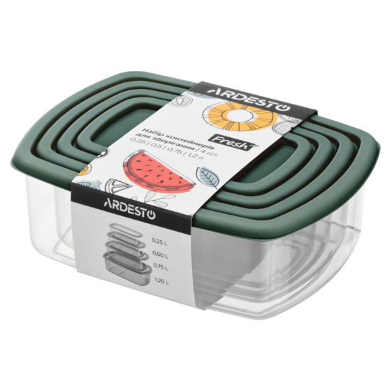 Set of food storage containers ARDESTO Fresh 0.25/0.5/0.75/1.2l, plastic, rectangular, green