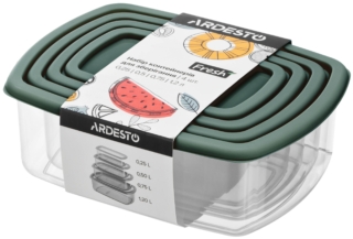 Set of food storage containers ARDESTO Fresh 0.25/0.5/0.75/1.2l, plastic, rectangular, green