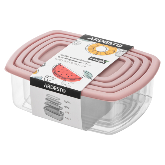 Set of food storage containers ARDESTO Fresh 0.25/0.5/0.75/1.2l, plastic, rectangular, pink