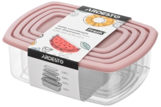 Set of food storage containers ARDESTO Fresh 0.25/0.5/0.75/1.2l, plastic, rectangular, pink