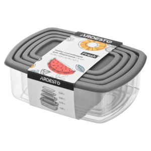 Set of food storage containers ARDESTO Fresh 0.25/0.5/0.75/1.2l, plastic, rectangular, grey