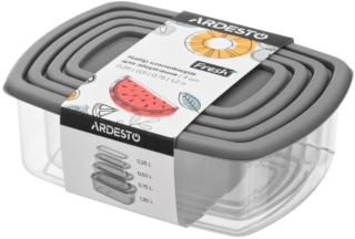 Set of food storage containers ARDESTO Fresh 0.25/0.5/0.75/1.2l, plastic, rectangular, grey