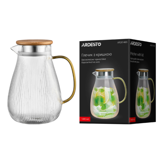 Pitcher with lid ARDESTO 1480ml, borosilicate glass, stainless steel, bamboo, transparent