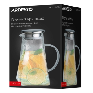 Pitcher with lid ARDESTO 1500ml, borosilicate glass, stainless steel, transparent