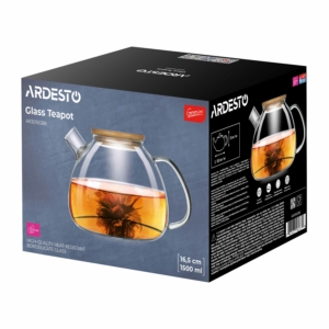 Teapot ARDESTO Gemini Bubble 1500ml, borosilicate glass, bamboo, transparent