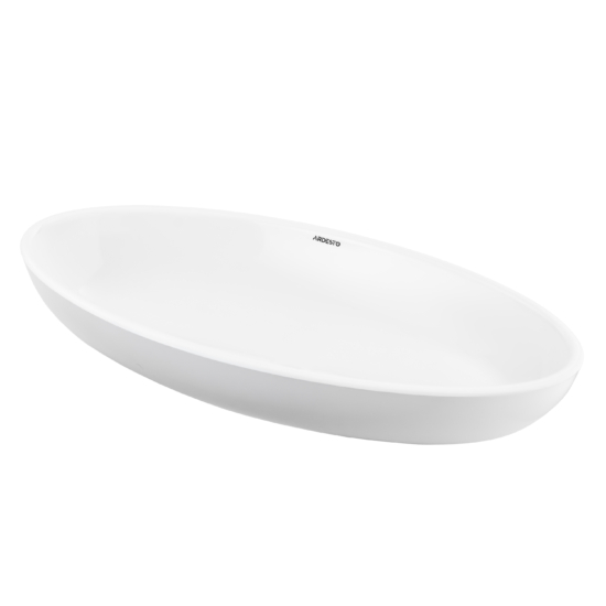 ARDESTO Madeleine washbasin, artificial stone, oval, without hole for mixer and overflow, 590x295x130mm, countertop, white