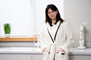 Women’s bathrobe ARDESTO Stripe, size L/XL, 100% polyester, white