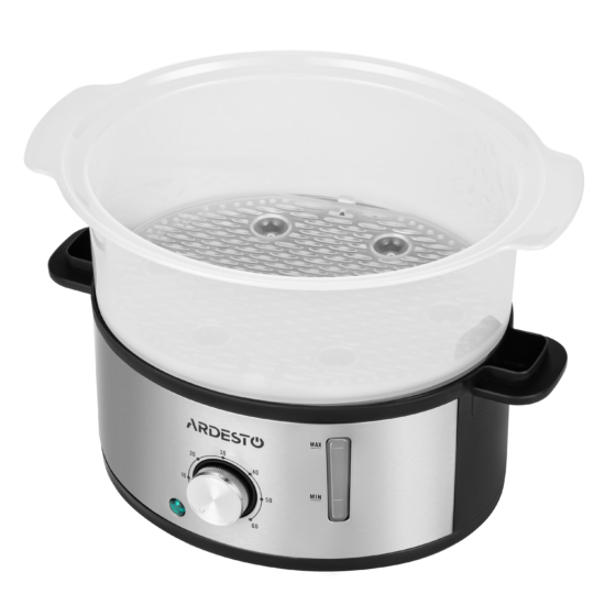 Пароварка ARDESTO 800Вт, чаша-3.4/3.4/3.4л, резервуар для воды -1л, механическое управл., 3 яруса, металл/пластик, черный