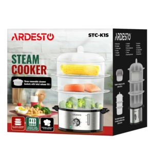 Пароварка ARDESTO 800Вт, чаша-3.4/3.4/3.4л, резервуар для воды -1л, механическое управл., 3 яруса, металл/пластик, черный