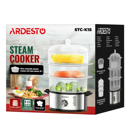 Пароварка ARDESTO 800Вт, чаша-3.4/3.4/3.4л, резервуар для воды -1л, механическое управл., 3 яруса, металл/пластик, черный