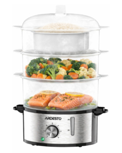 Пароварка ARDESTO 800Вт, чаша-3.4/3.4/3.4л, резервуар для воды -1л, механическое управл., 3 яруса, металл/пластик, черный