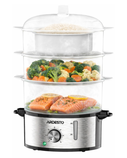 Пароварка ARDESTO 800Вт, чаша-3.4/3.4/3.4л, резервуар для воды -1л, механическое управл., 3 яруса, металл/пластик, черный