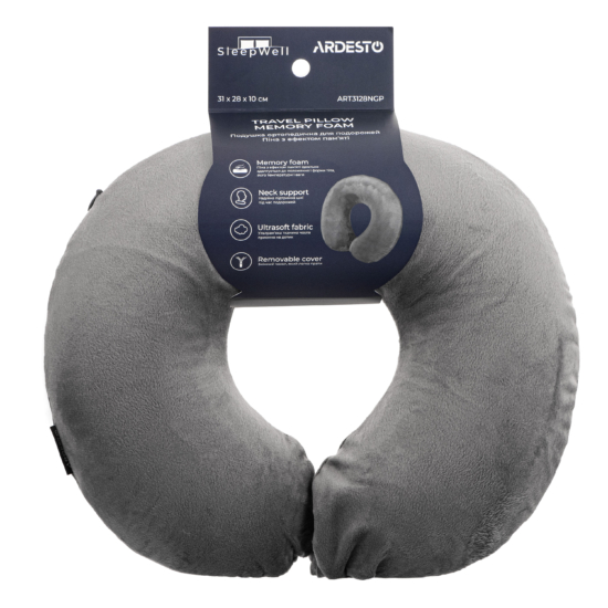 Orthopedic pillow ARDESTO Sleepwell Travel 31x28x10cm, for neck, memory foam, grey
