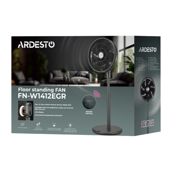 Floor fan ARDESTO FN-W1412EGR , 40 cm, 35 W, remote control, height 90-110 cm, 3D rotation, display, electric control, gray