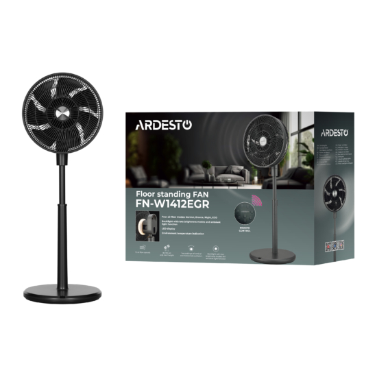 Floor fan ARDESTO FN-W1412EGR , 40 cm, 35 W, remote control, height 90-110 cm, 3D rotation, display, electric control, gray